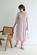 Sage Pink Hand Block  Cotton kurta Pant  Set With Mulmul Dupatta