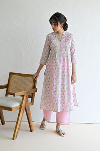 Sage Pink Hand Block  Cotton kurta Pant  Set With Mulmul Dupatta