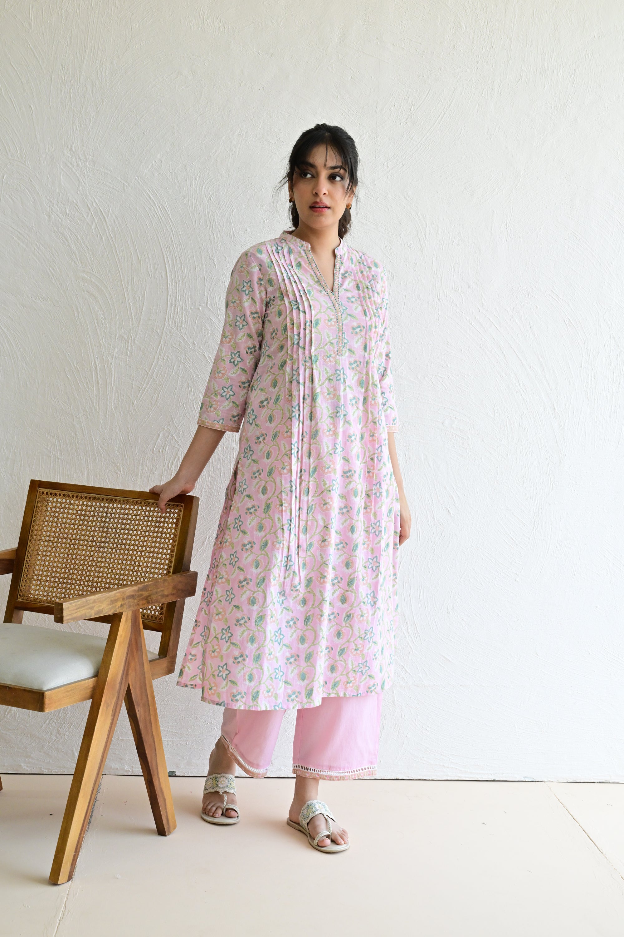 Sage Pink Hand Block  Cotton kurta Pant  Set With Mulmul Dupatta