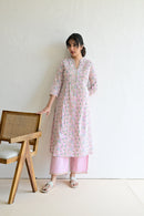 Sage Pink Hand Block  Cotton kurta Pant  Set With Mulmul Dupatta