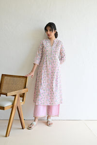 Sage Pink Hand Block  Cotton kurta Pant  Set With Mulmul Dupatta
