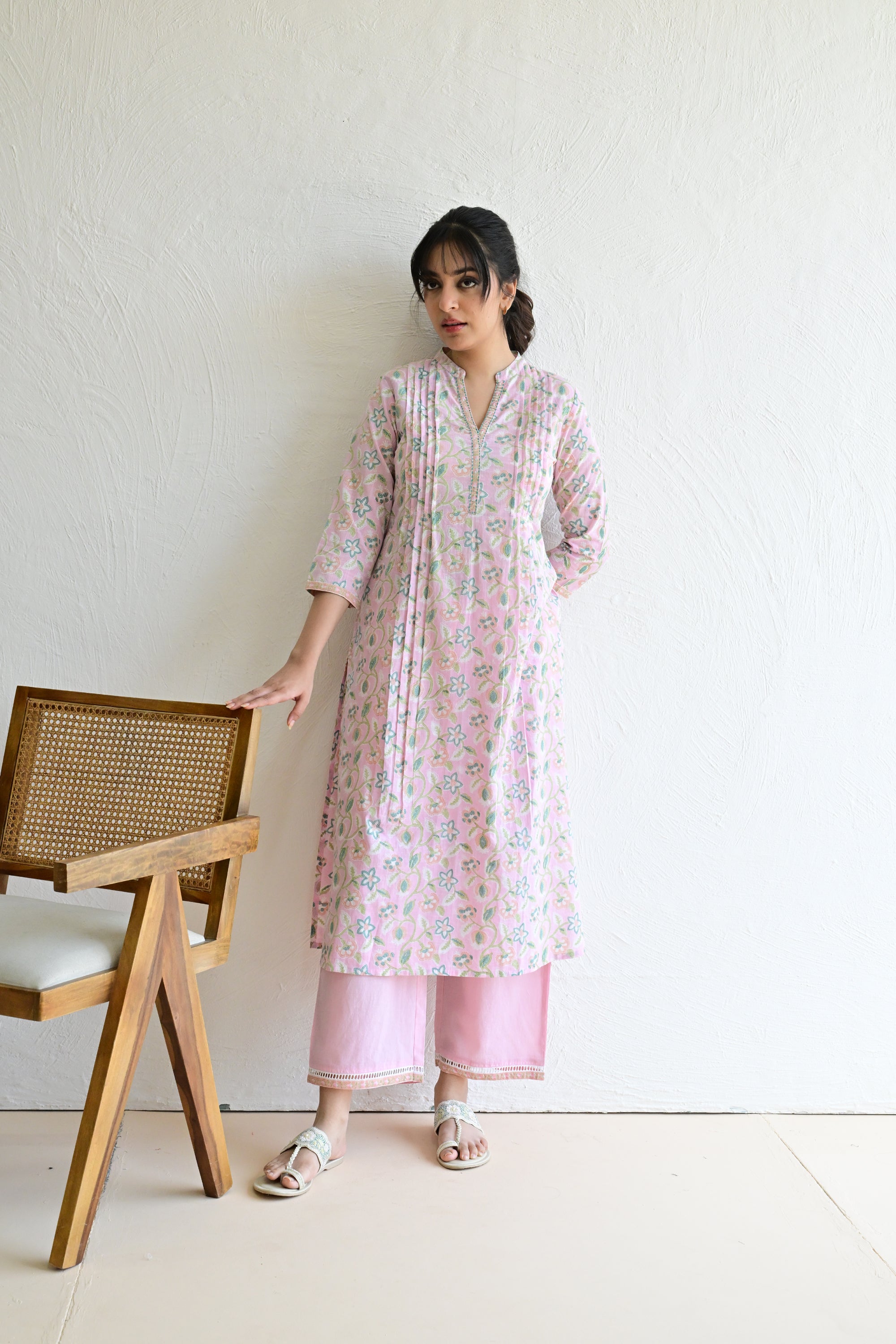 Sage Pink Hand Block  Cotton kurta Pant  Set With Mulmul Dupatta
