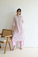 Sage Pink Hand Block  Cotton kurta Pant  Set With Mulmul Dupatta
