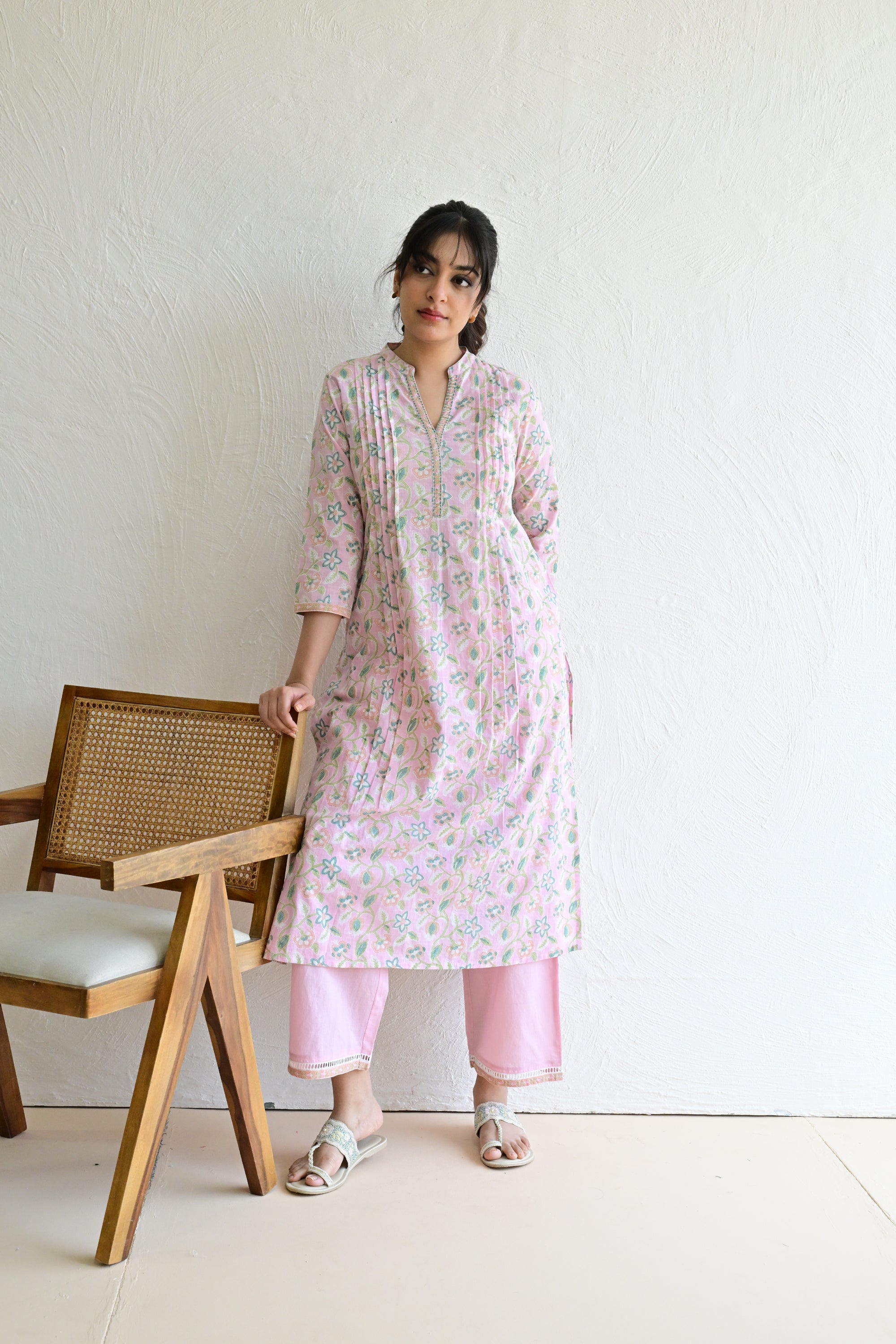 Sage Pink Hand Block  Cotton kurta Pant  Set With Mulmul Dupatta