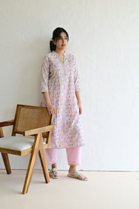 Sage Pink Hand Block  Cotton kurta Pant  Set With Mulmul Dupatta