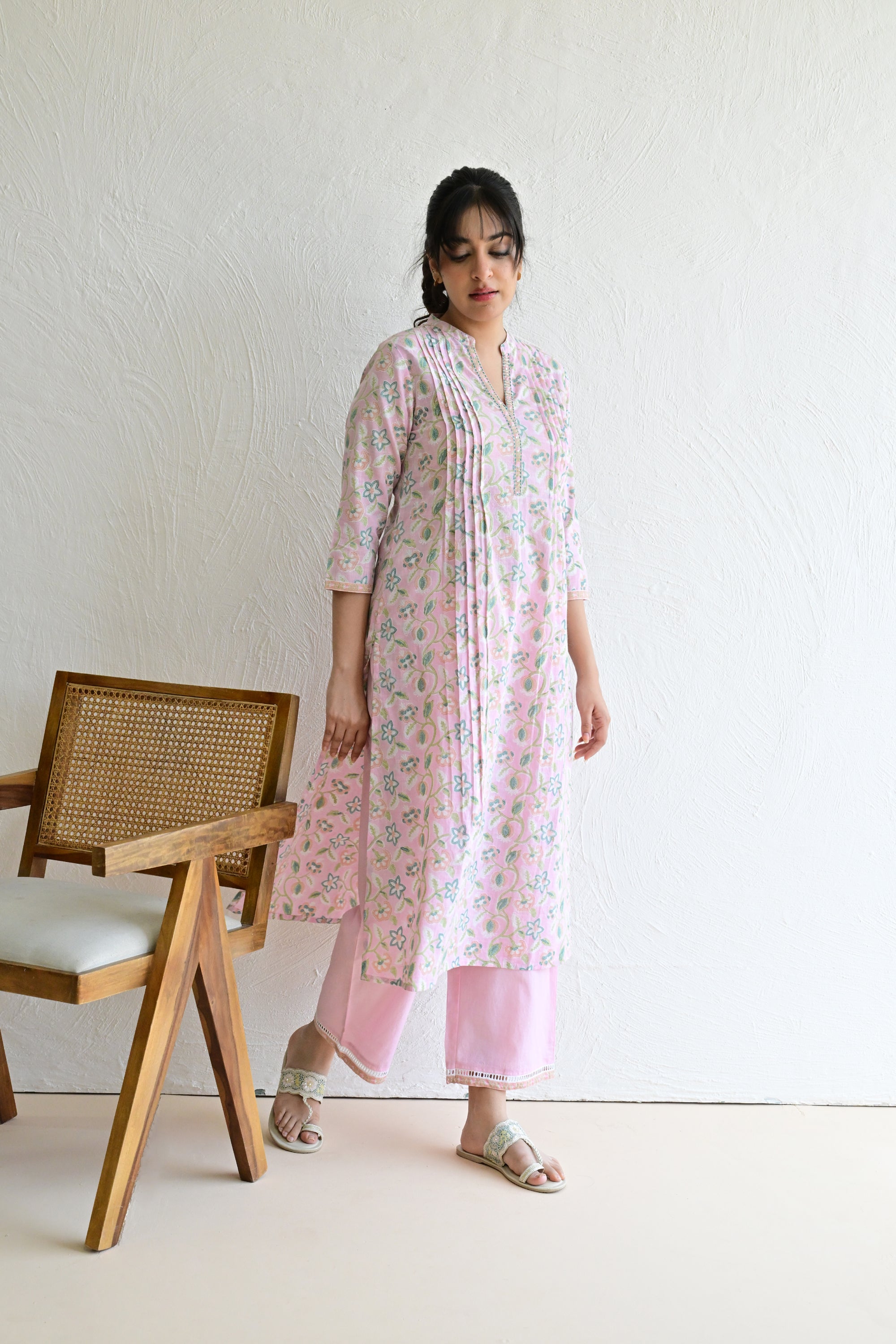 Sage Pink Hand Block  Cotton kurta Pant  Set With Mulmul Dupatta