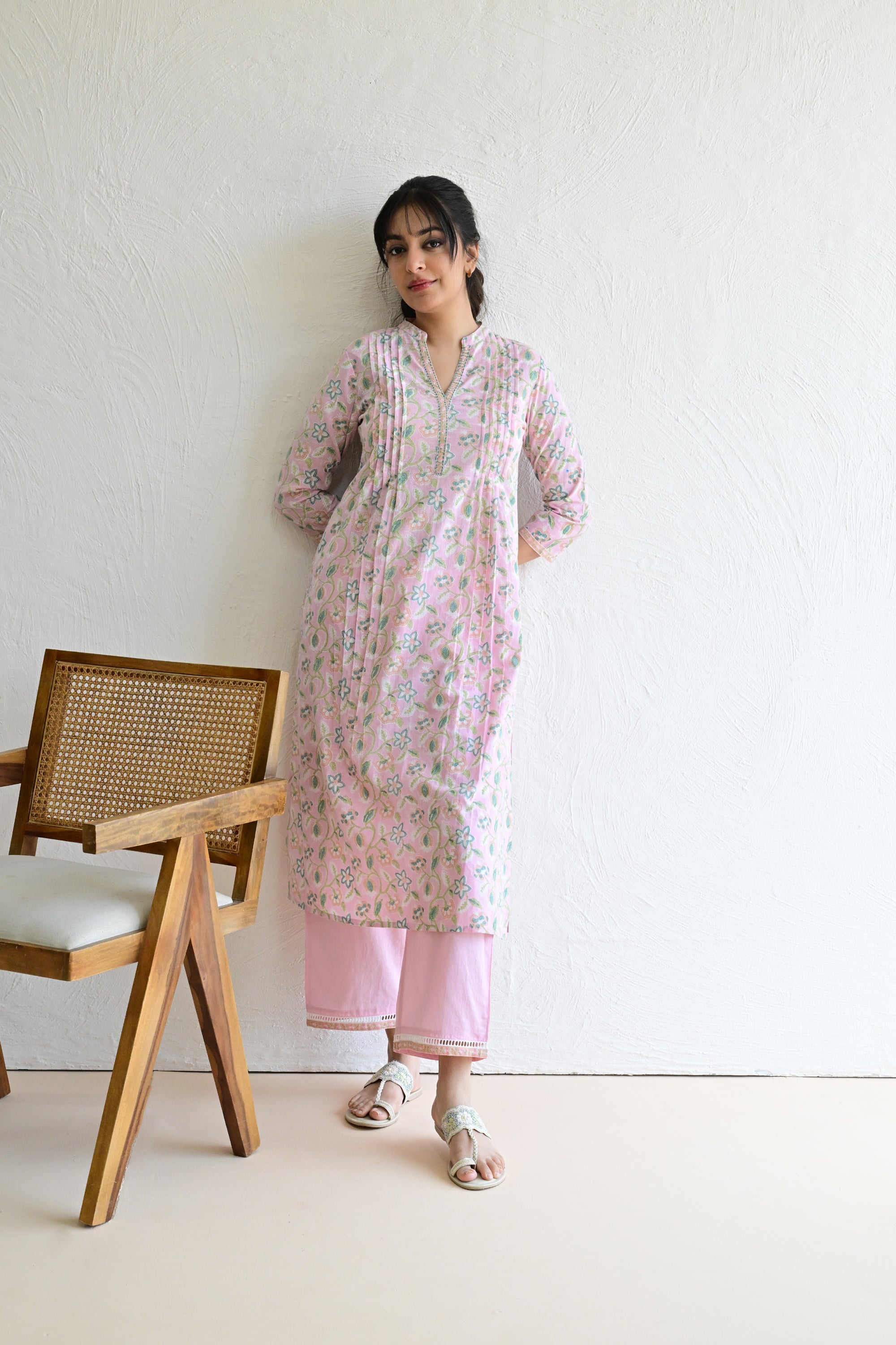 Sage Pink Hand Block  Cotton kurta Pant  Set With Mulmul Dupatta