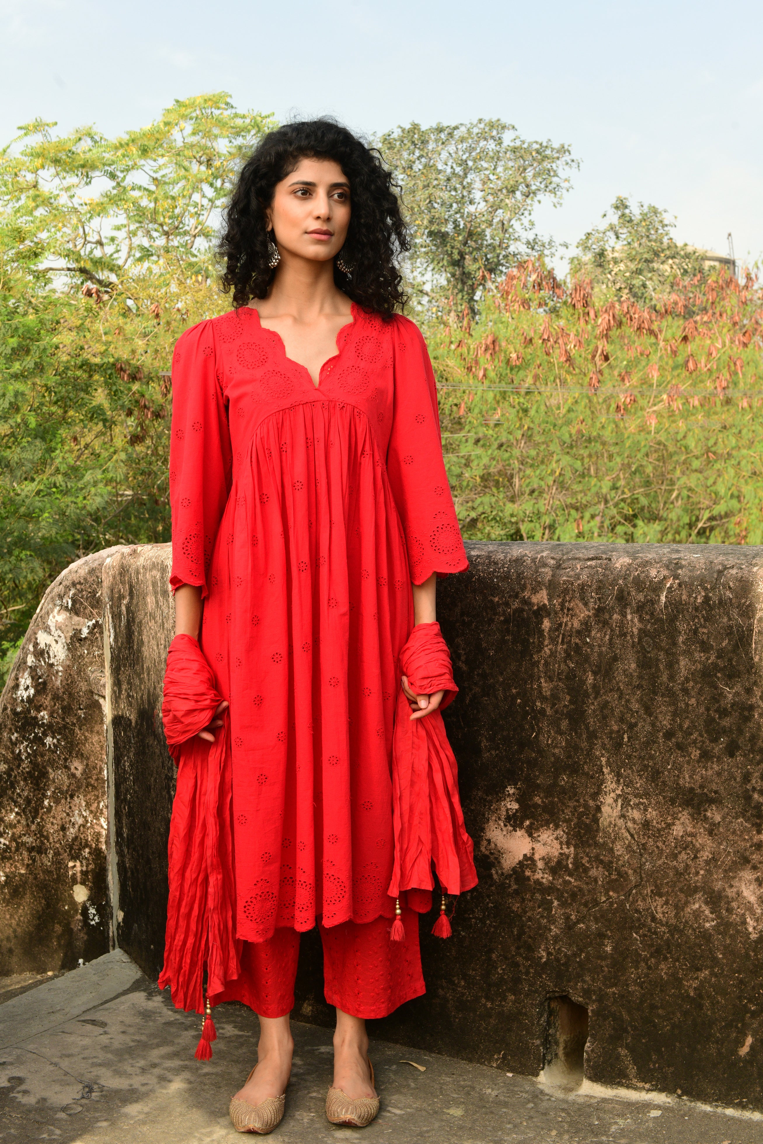 Aaravi Red Schiffli Suit Set - Shilpi Handicrafts