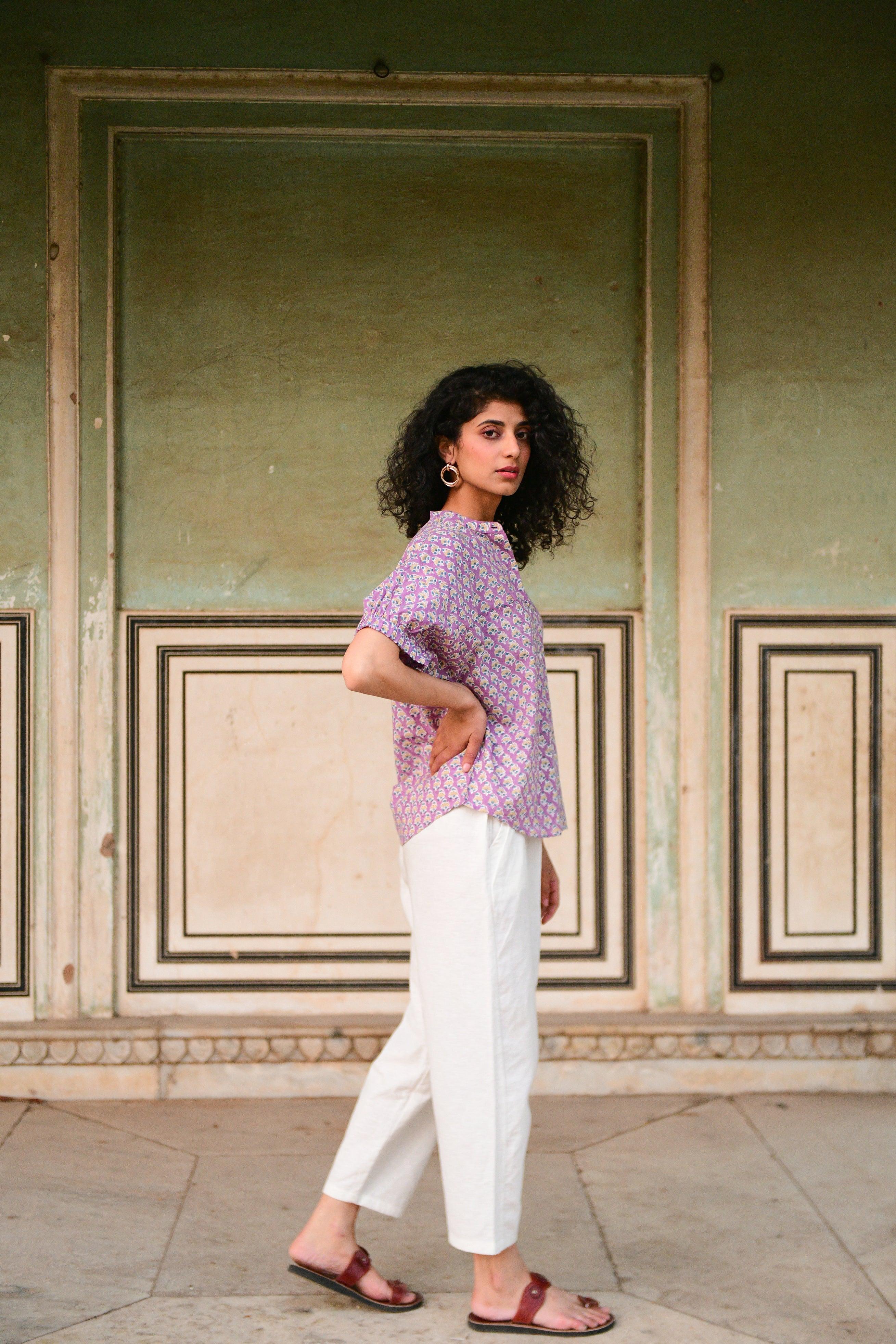 Aaravi Mauve Hand Block Printed Top Shirt