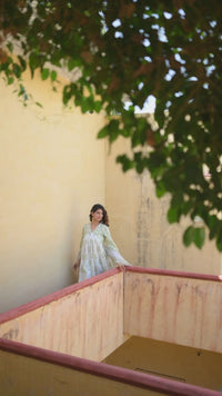 Hand Block Printed V-Neck Green Suit Set