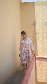Hand-block Printed Multicolor Cotton V-Neck Dress