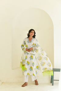 Yellow Bloom Handblock Cotton Kurta Set