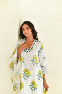 Yellow Bloom Handblock Cotton Kurta Set