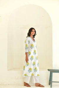 Yellow Bloom Handblock Cotton Kurta Set