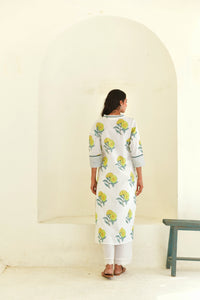 Yellow Bloom Handblock Cotton Kurta Set