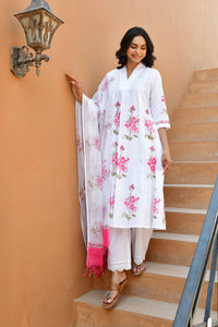 Pink Gardenia Handblock Cotton Kurta Set