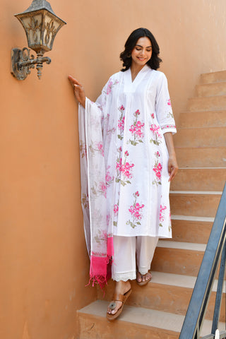 Pink Gardenia Handblock Cotton Kurta Set
