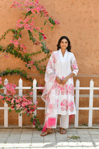 Rose White Handblock Cotton Kurta Set