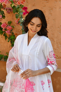 Rose White Handblock Cotton Kurta Set