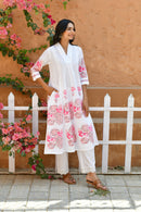 Rose White Handblock Cotton Kurta Set