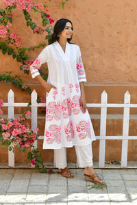 Rose White Handblock Cotton Kurta Set
