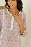 Grey Flora Handblock Cotton Kurta Set