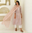 Grey Flora Handblock Cotton Kurta Set