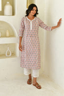 Grey Flora Handblock Cotton Kurta Set