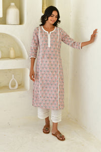 Grey Flora Handblock Cotton Kurta Set