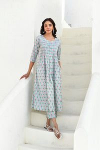Pastel Bloom Handblock Cotton Kurta Set