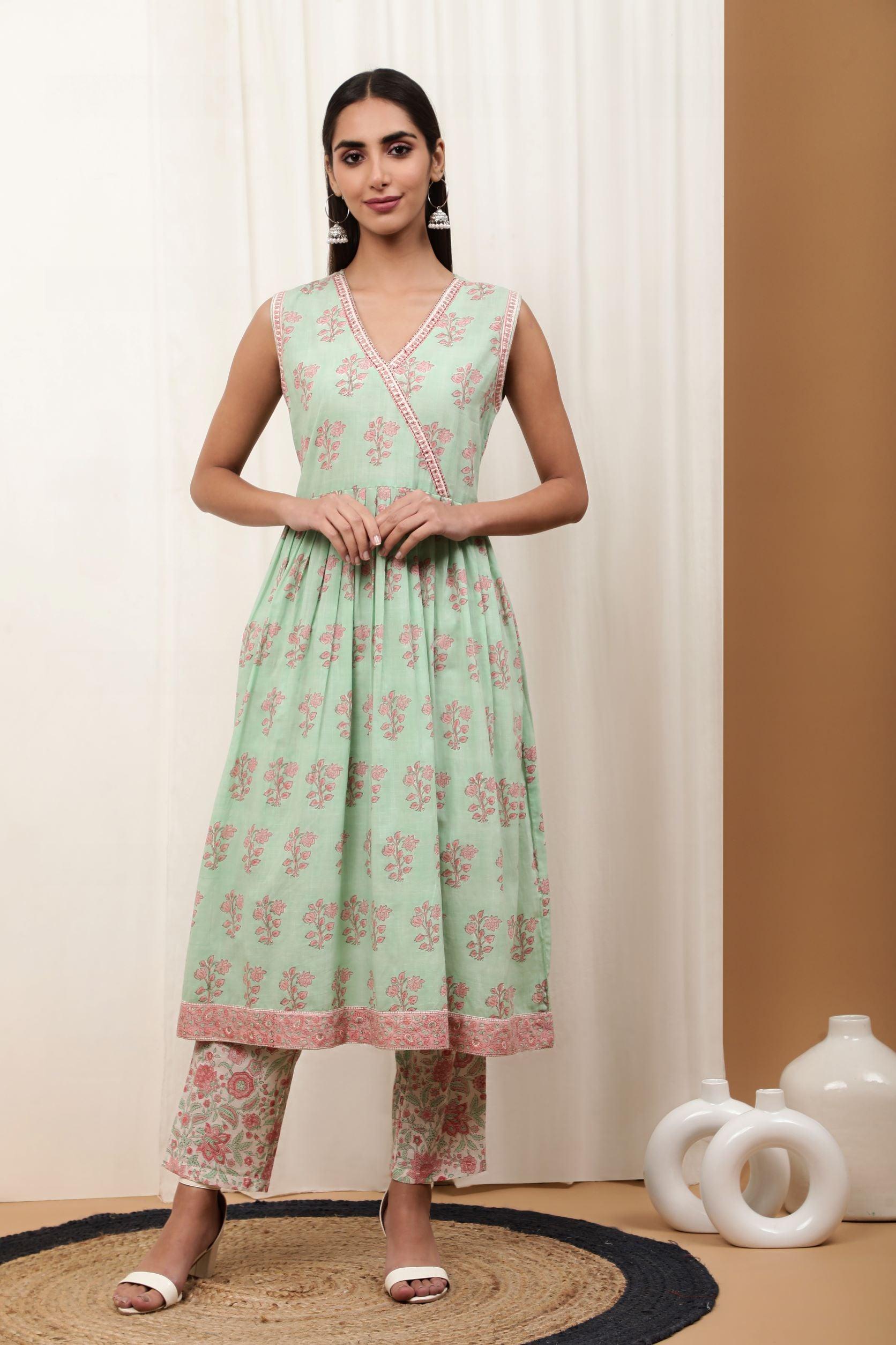 Aadhriti Sea Green Cotton Slub Suit Set - Shilpi Handicrafts