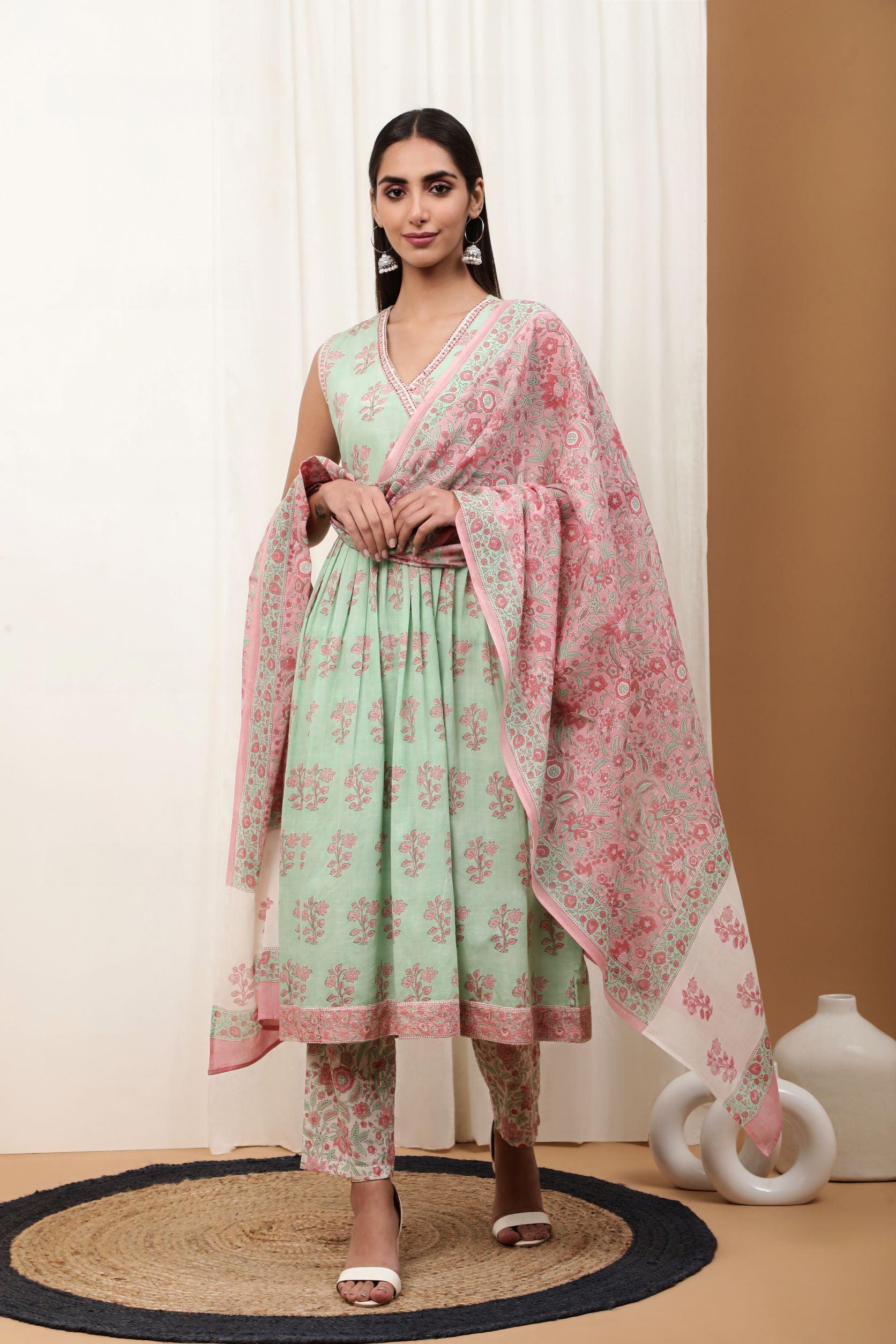 Aadhriti Sea Green Cotton Slub Suit Set - Shilpi Handicrafts