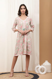 Adhira Beige Cotton Slub Midi Dress - Shilpi Handicrafts