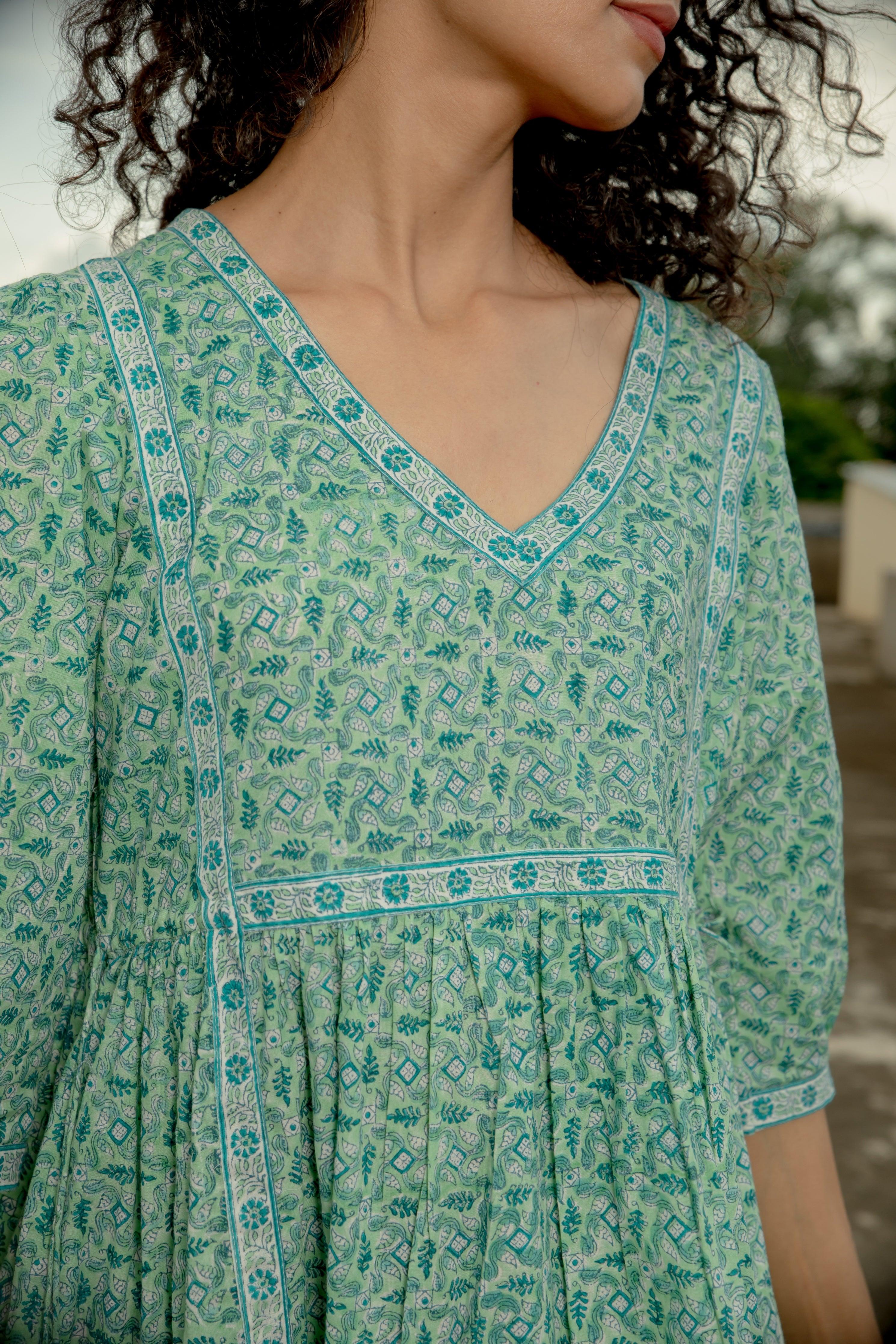 Adhira Sea Green Cotton Slub Midi Dress - Shilpi Handicrafts