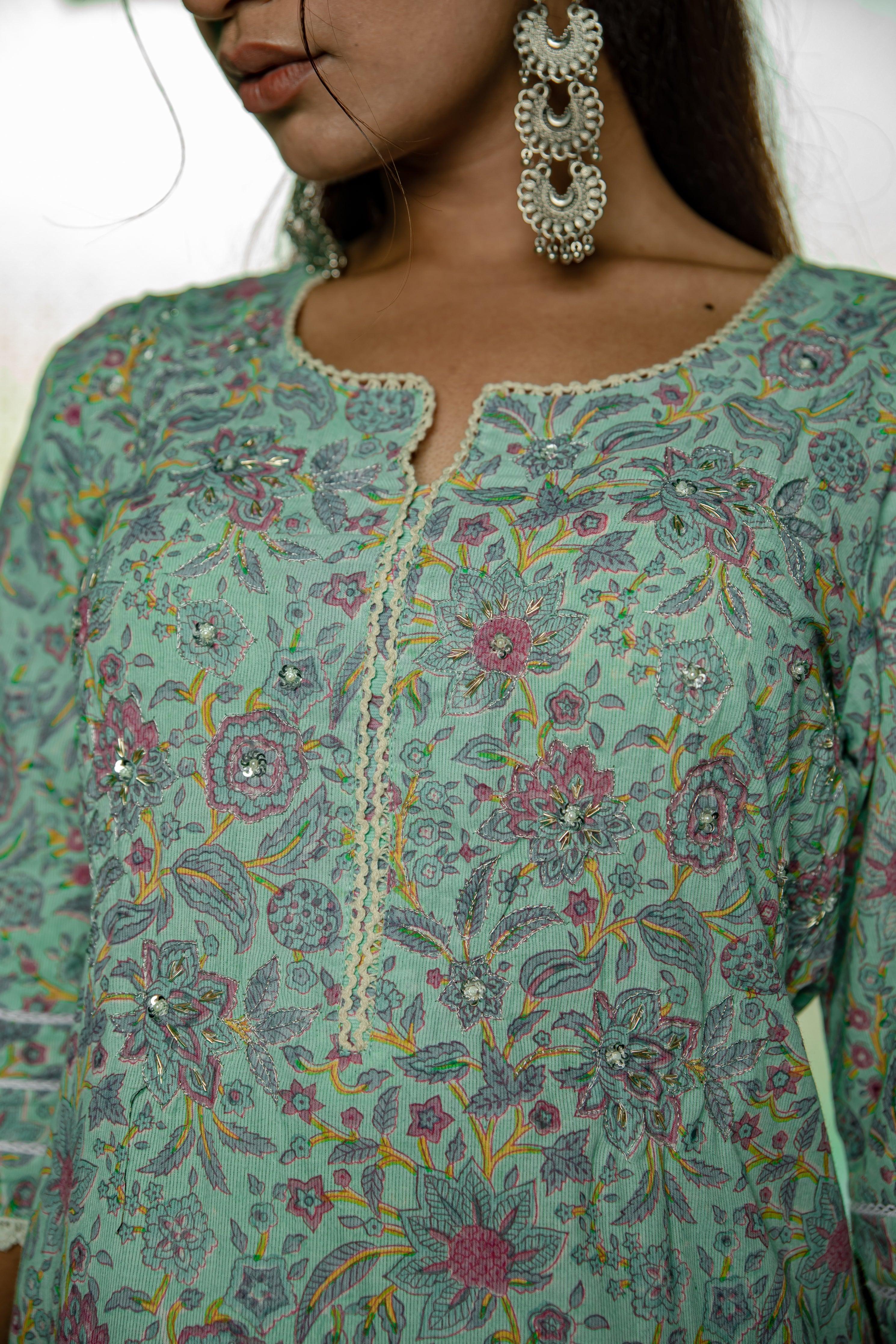 Ava Sea Green Cambric Cotton Suit Set - Shilpi Handicrafts