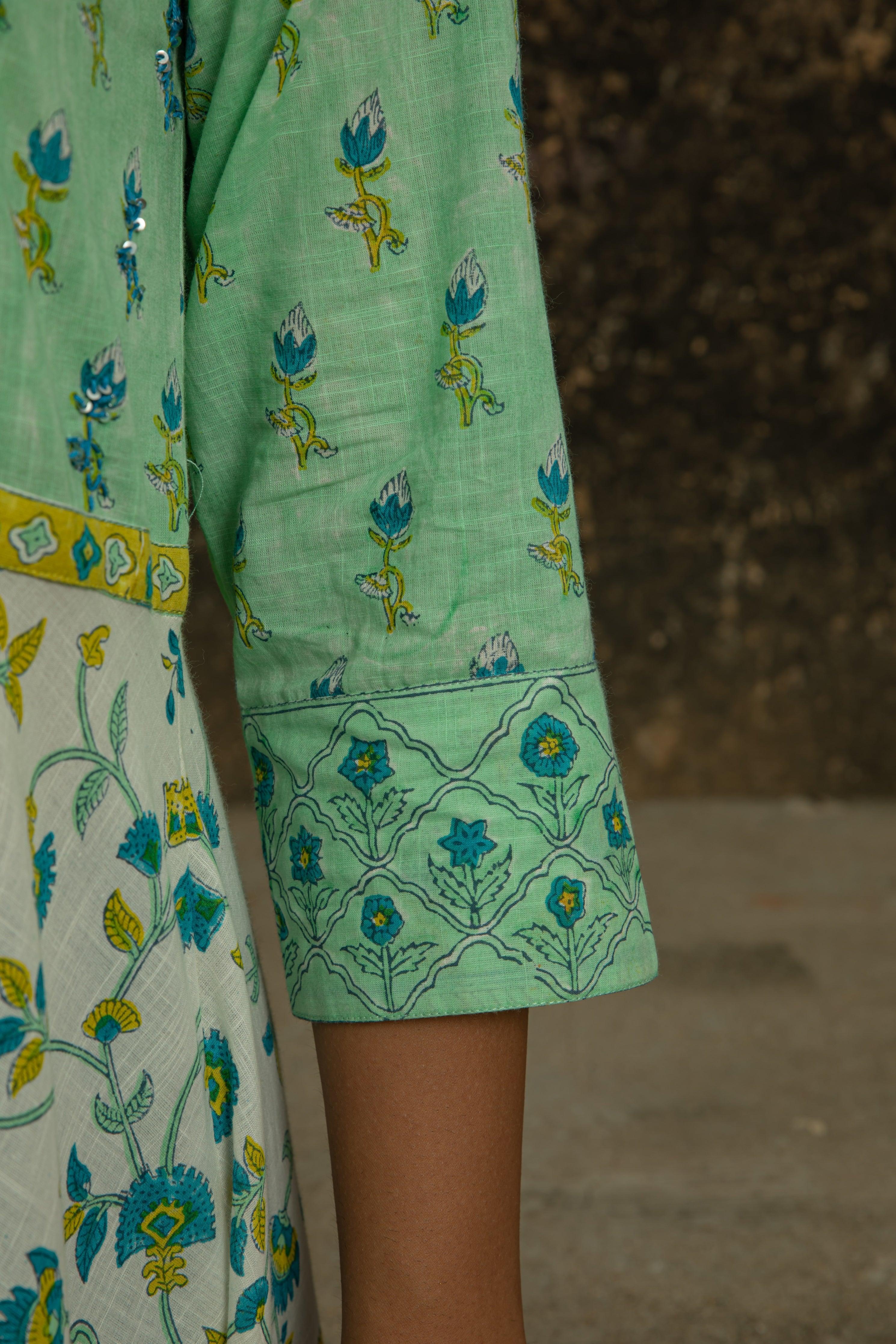 Amaira Sea Green & Off White Cotton Slub Suit Set - Shilpi Handicrafts