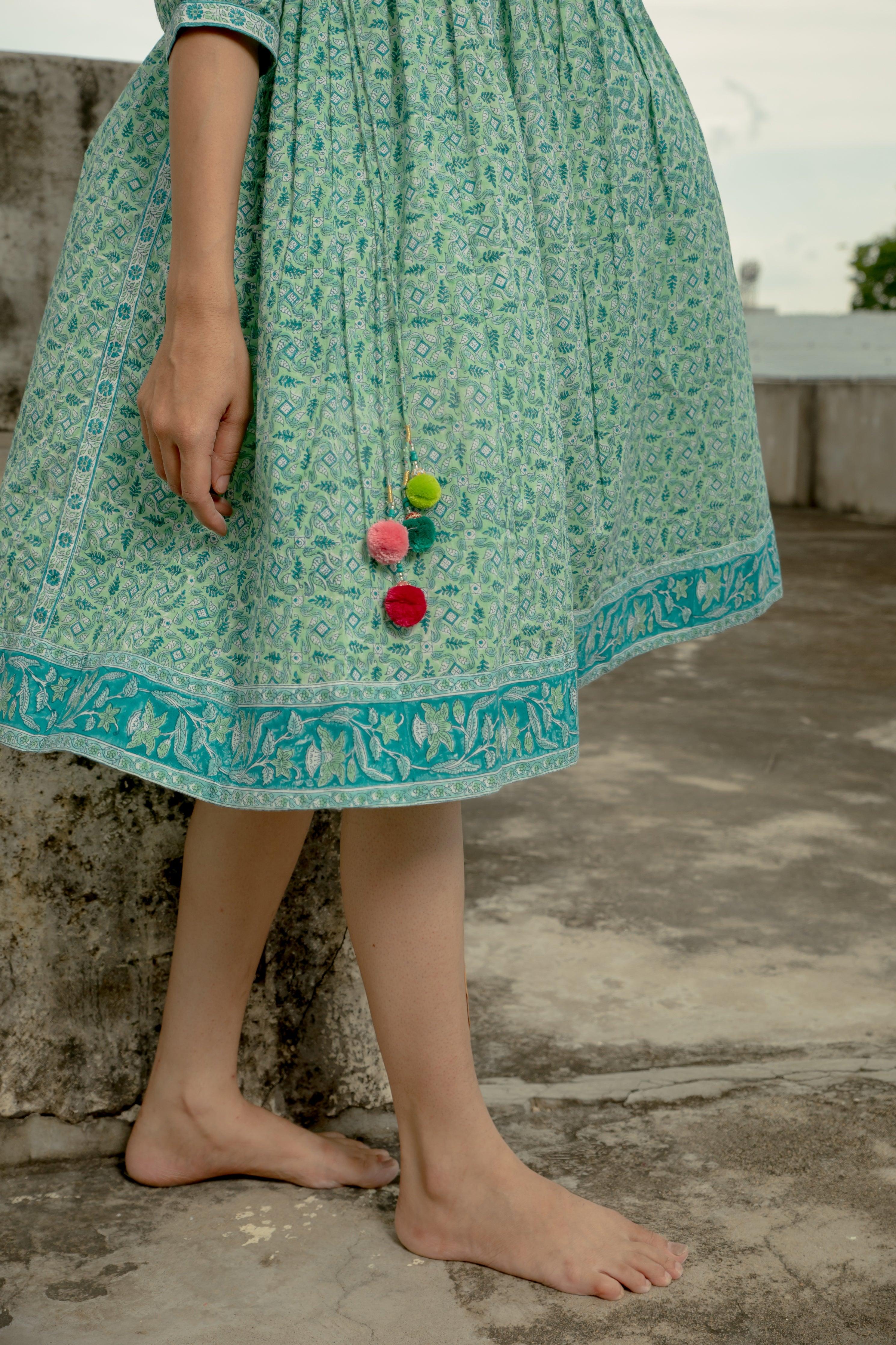 Adhira Sea Green Cotton Slub Midi Dress - Shilpi Handicrafts