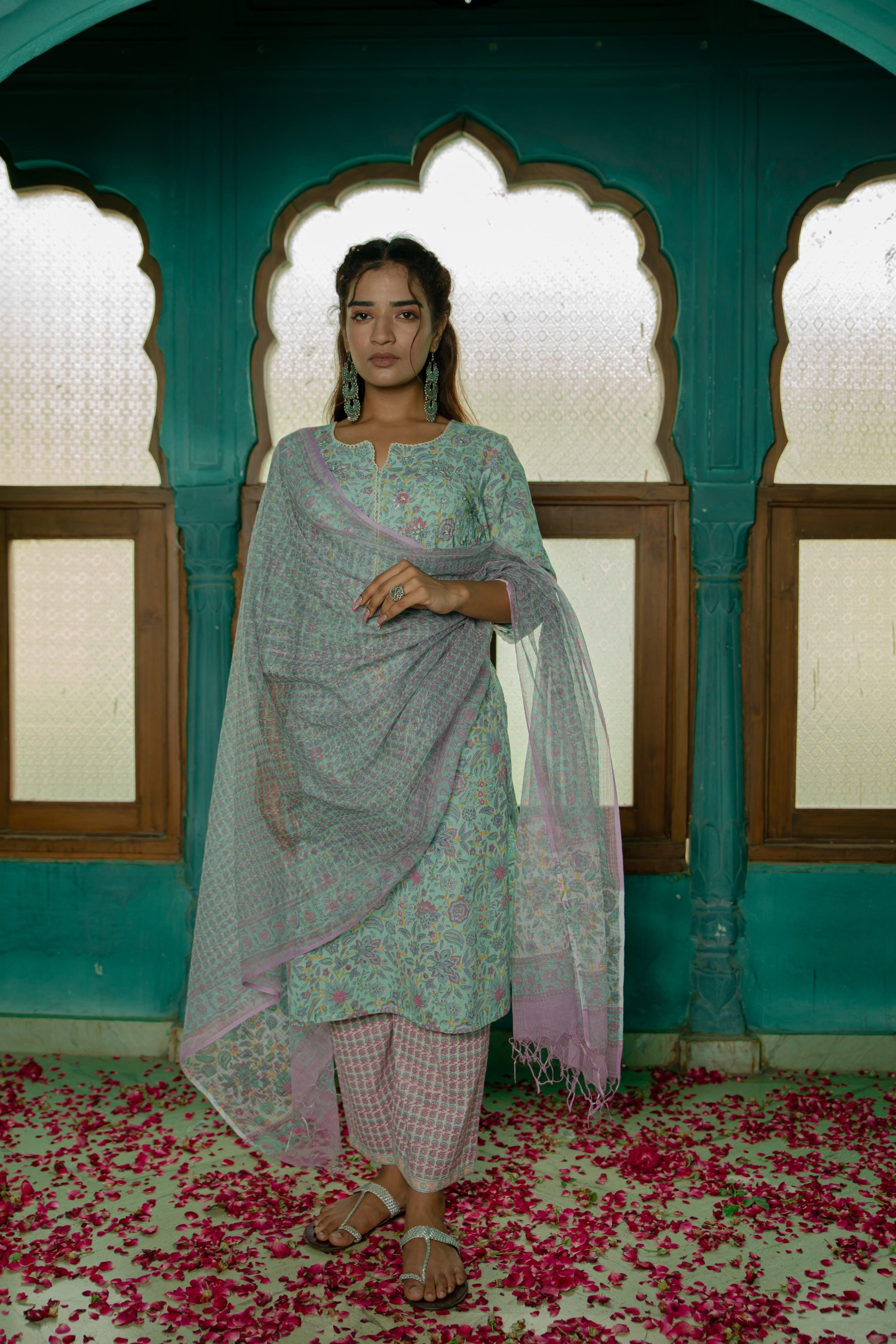 Ava Sea Green Cambric Cotton Suit Set - Shilpi Handicrafts