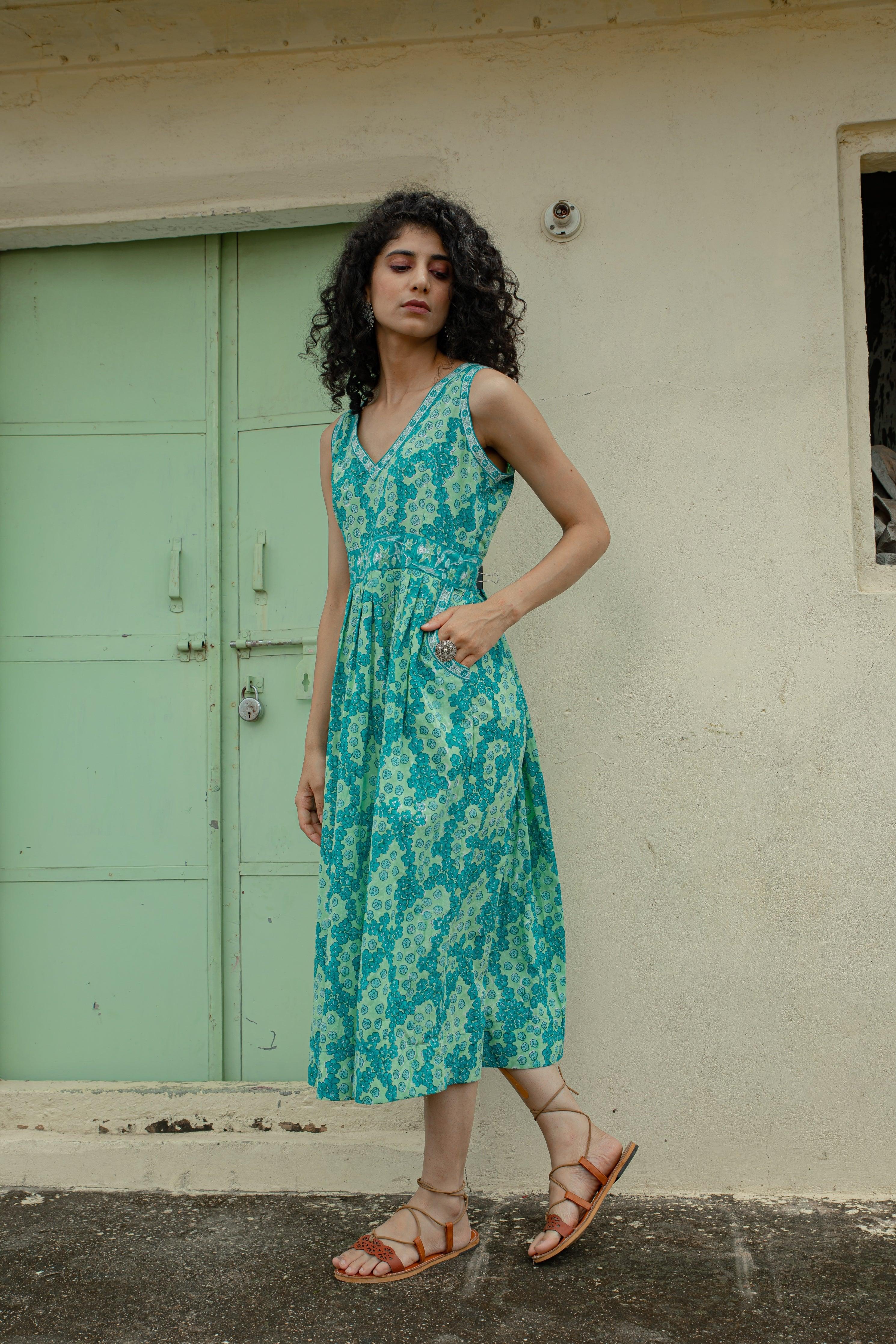 Adhira Teal Blue & Sea Green Cotton Slub Midi Dress - Shilpi Handicrafts