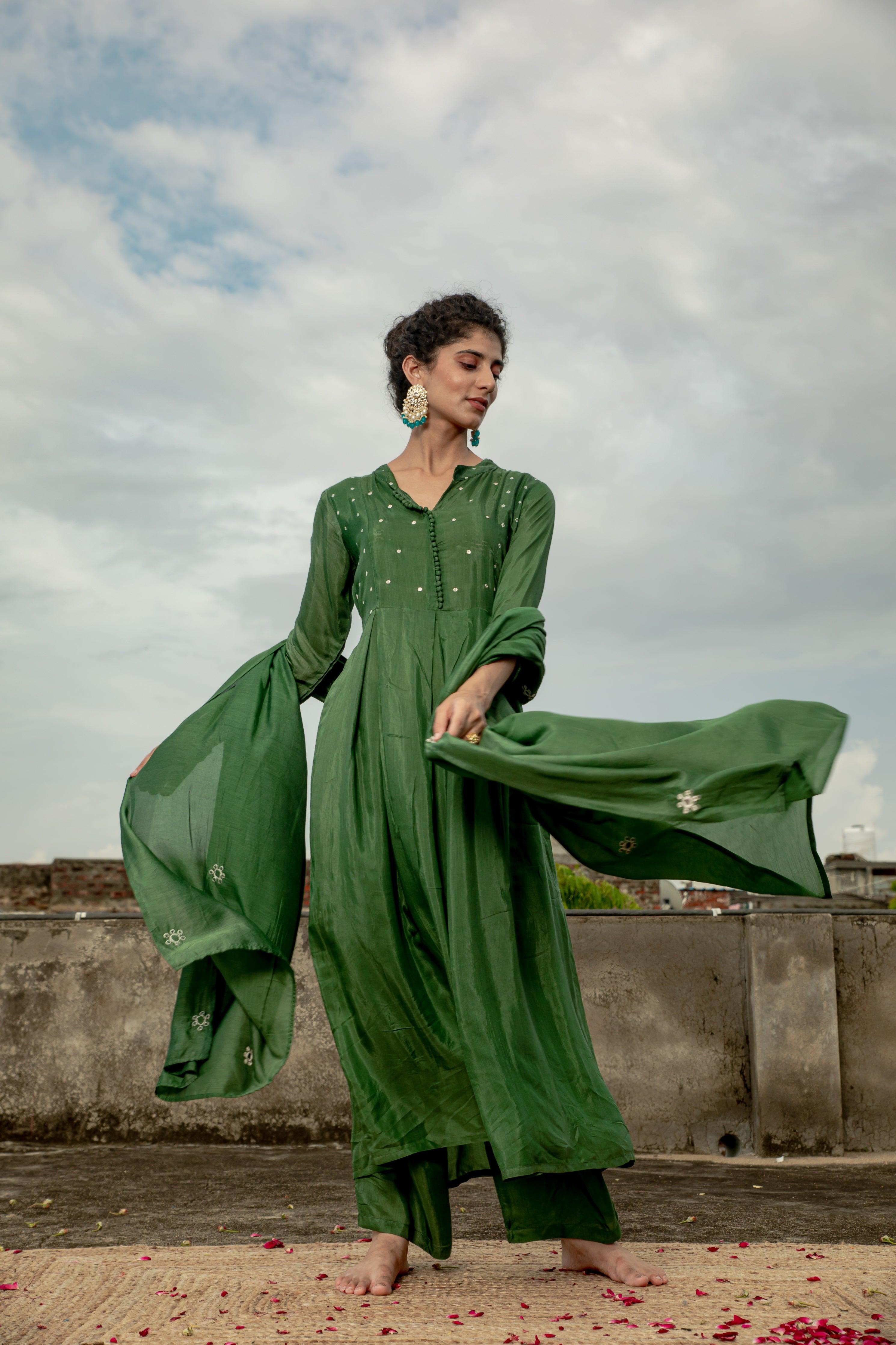 Akriti Mehndi Green Modal Muslin Suit Set - Shilpi Handicrafts