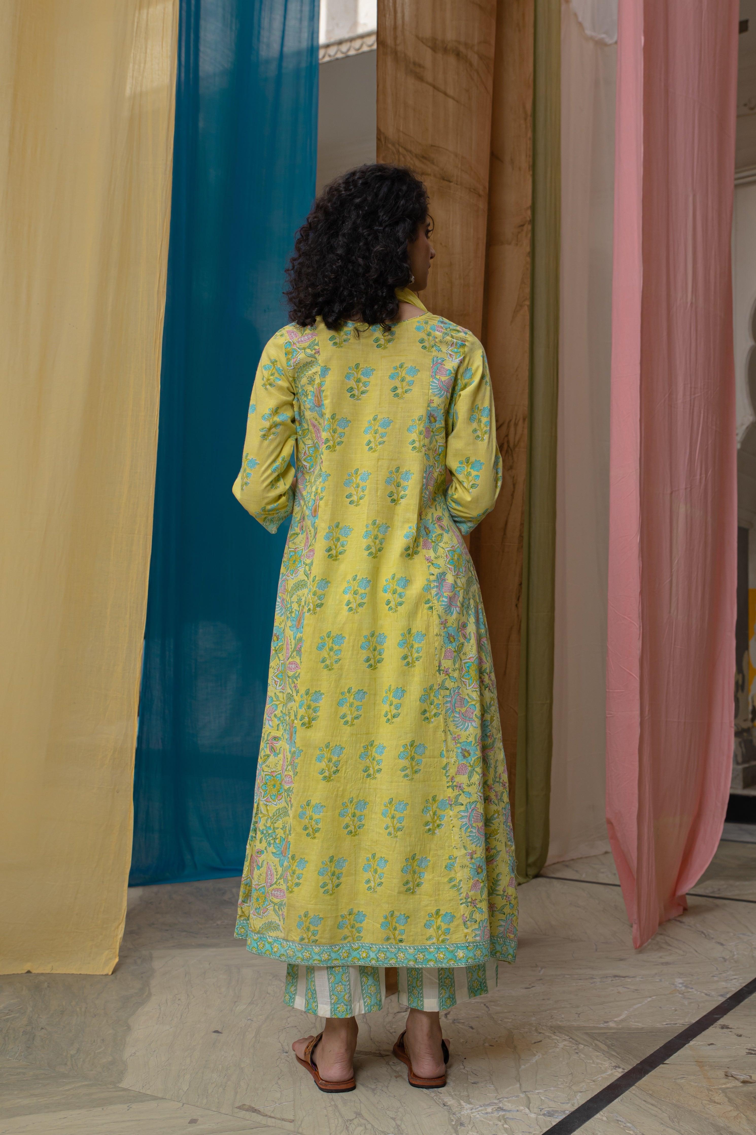 Amaira Lemon Yellow Cotton Cambric Suit Set - Shilpi Handicrafts