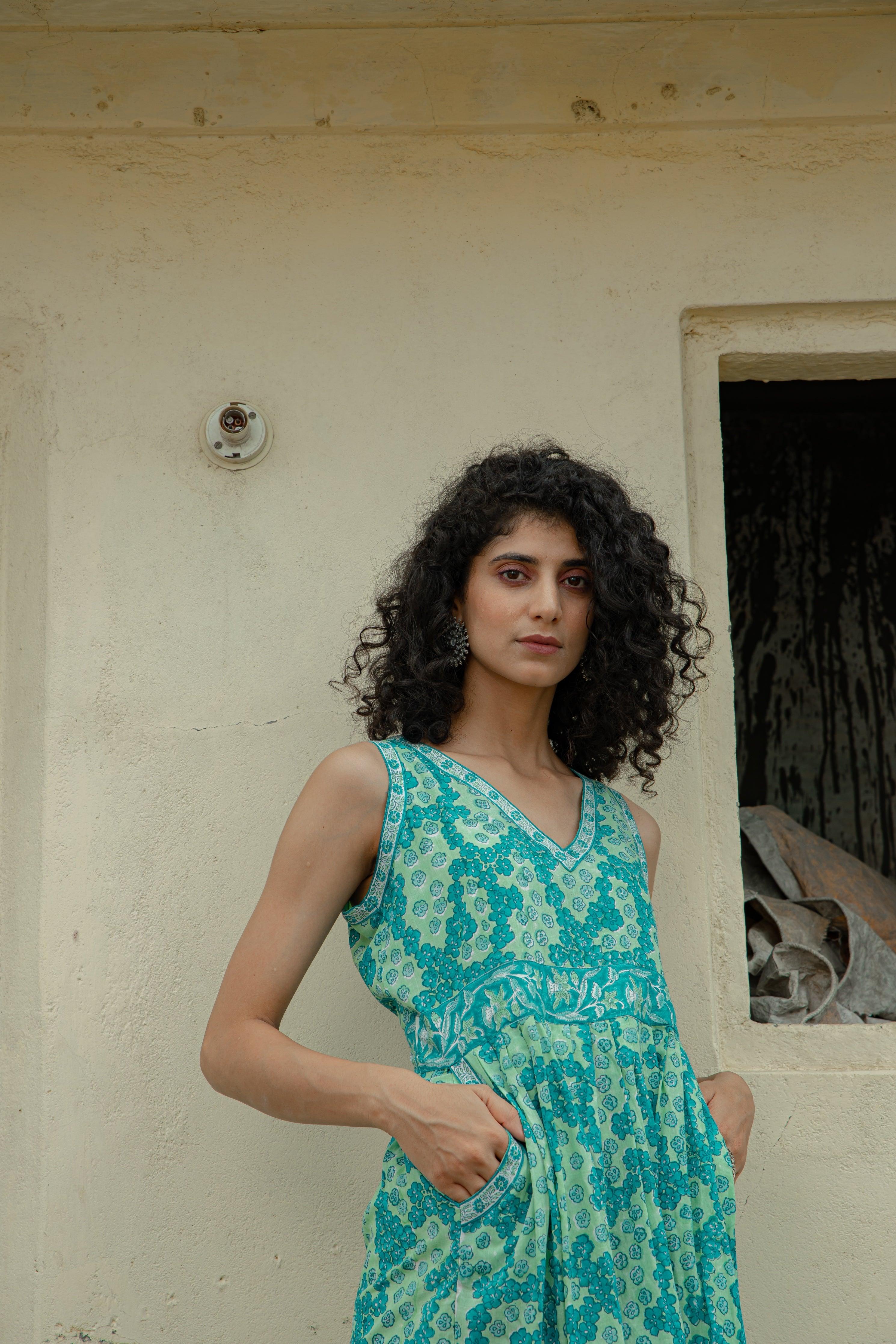 Adhira Teal Blue & Sea Green Cotton Slub Midi Dress - Shilpi Handicrafts