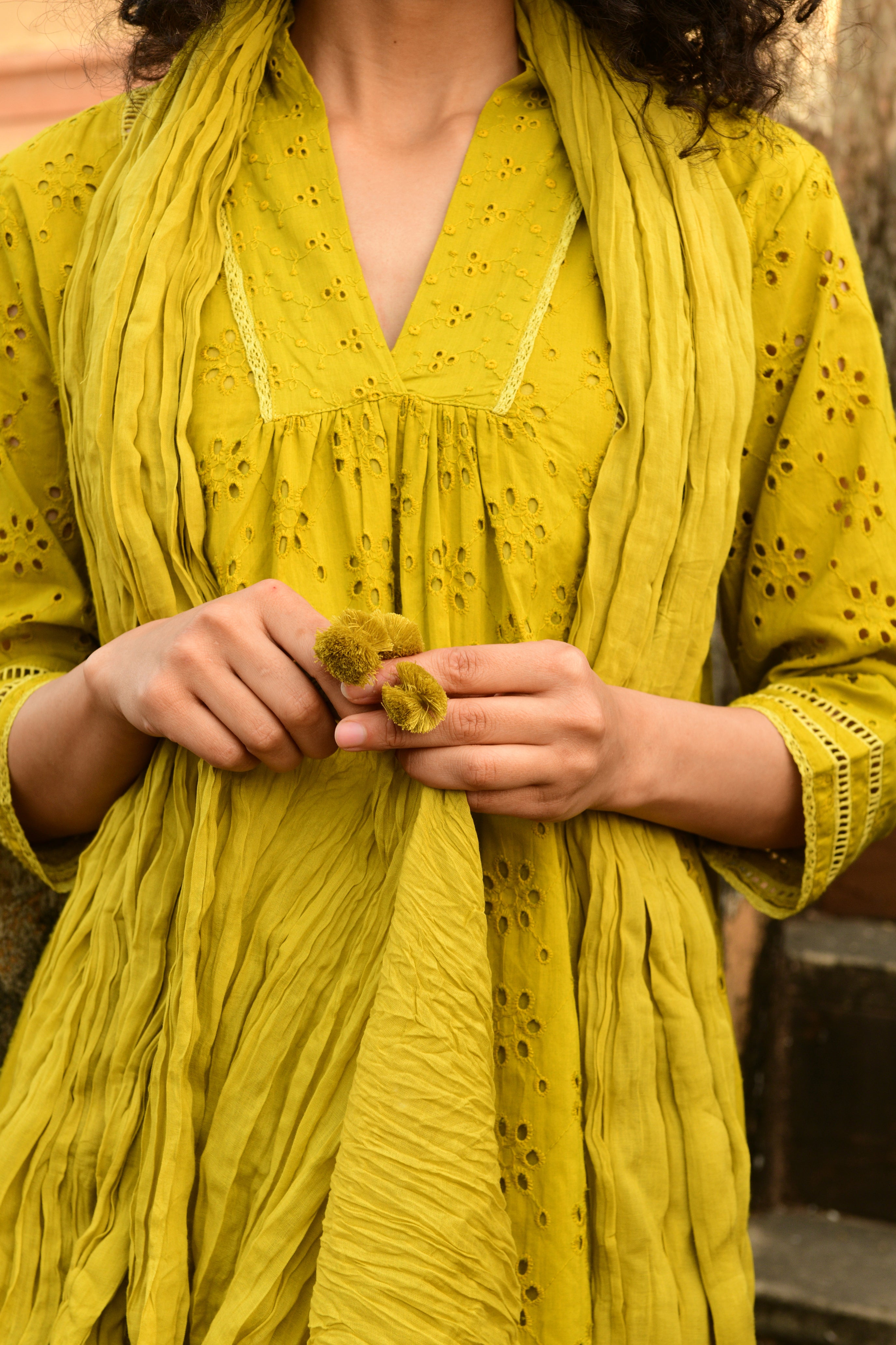 Aaravi Dyed Schiffli Mustard Yellow Suit Set - Shilpi Handicrafts
