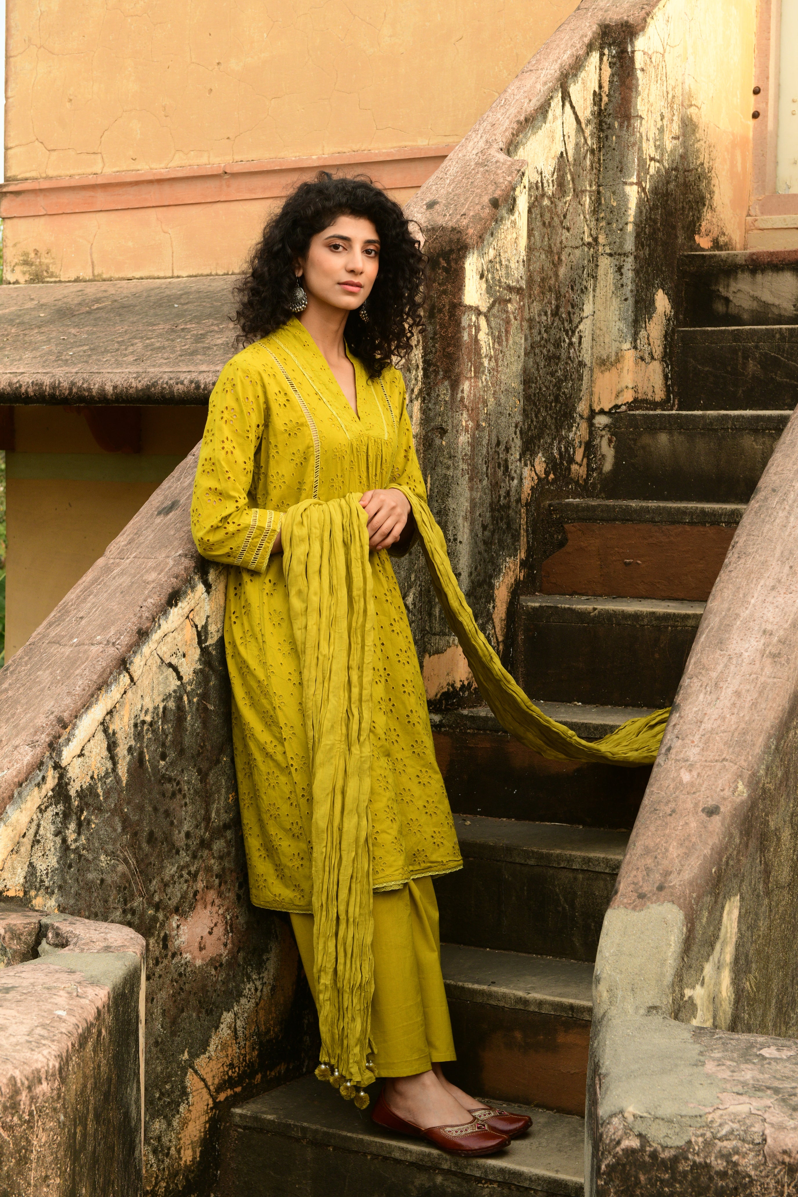 Aaravi Dyed Schiffli Mustard Yellow Suit Set - Shilpi Handicrafts