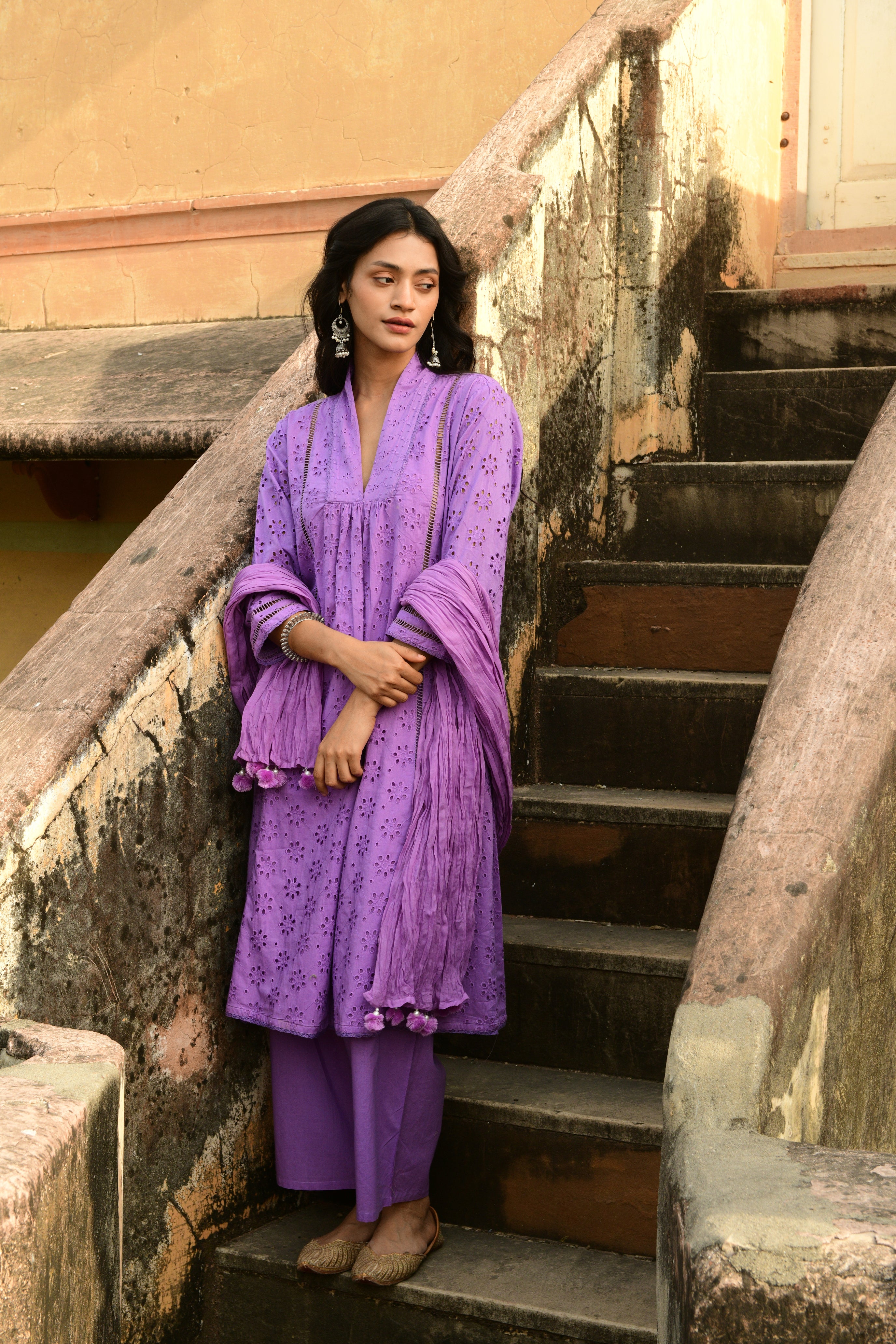 Aaravi Dyed Schiffli Lilac Suit Set - Shilpi Handicrafts