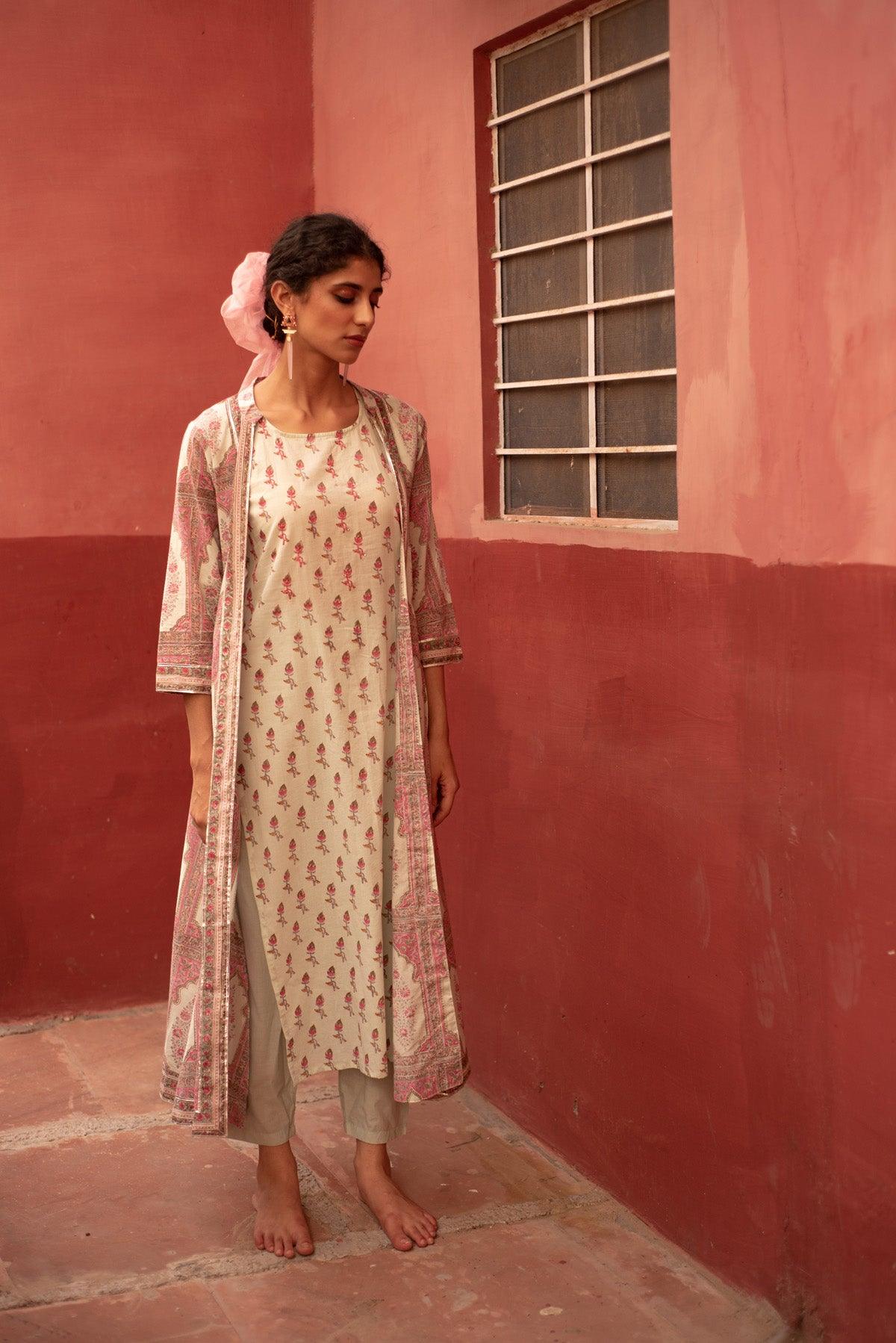 Aadhriti White and Pink Cotton Angrakha Jacket Kurta Set - Shilpi Handicrafts