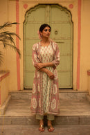 Aadhriti White and Pink Cotton Angrakha Jacket Kurta Set - Shilpi Handicrafts