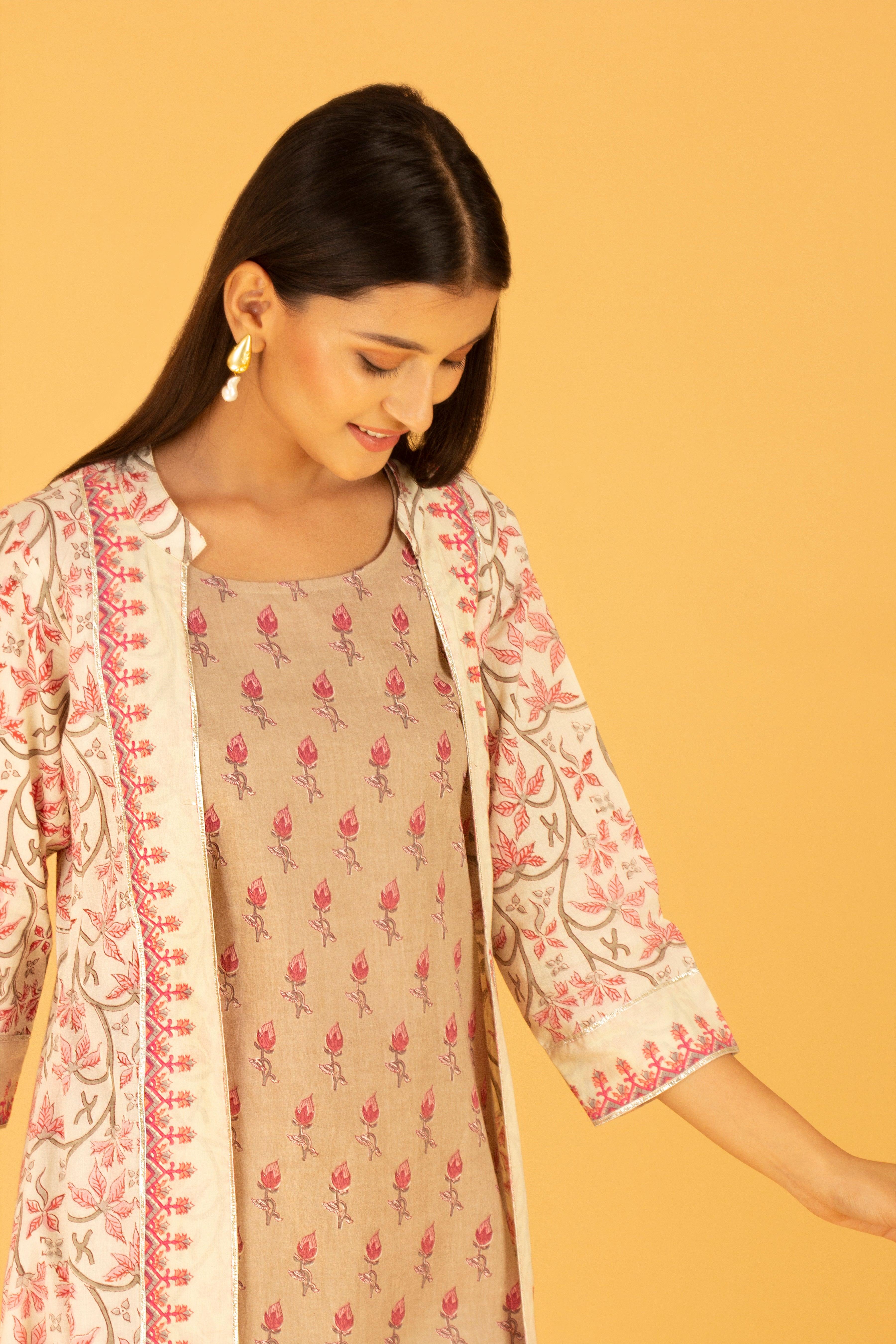 Aadhriti Beige-Pink Jacket Kurta Set - Shilpi Handicrafts