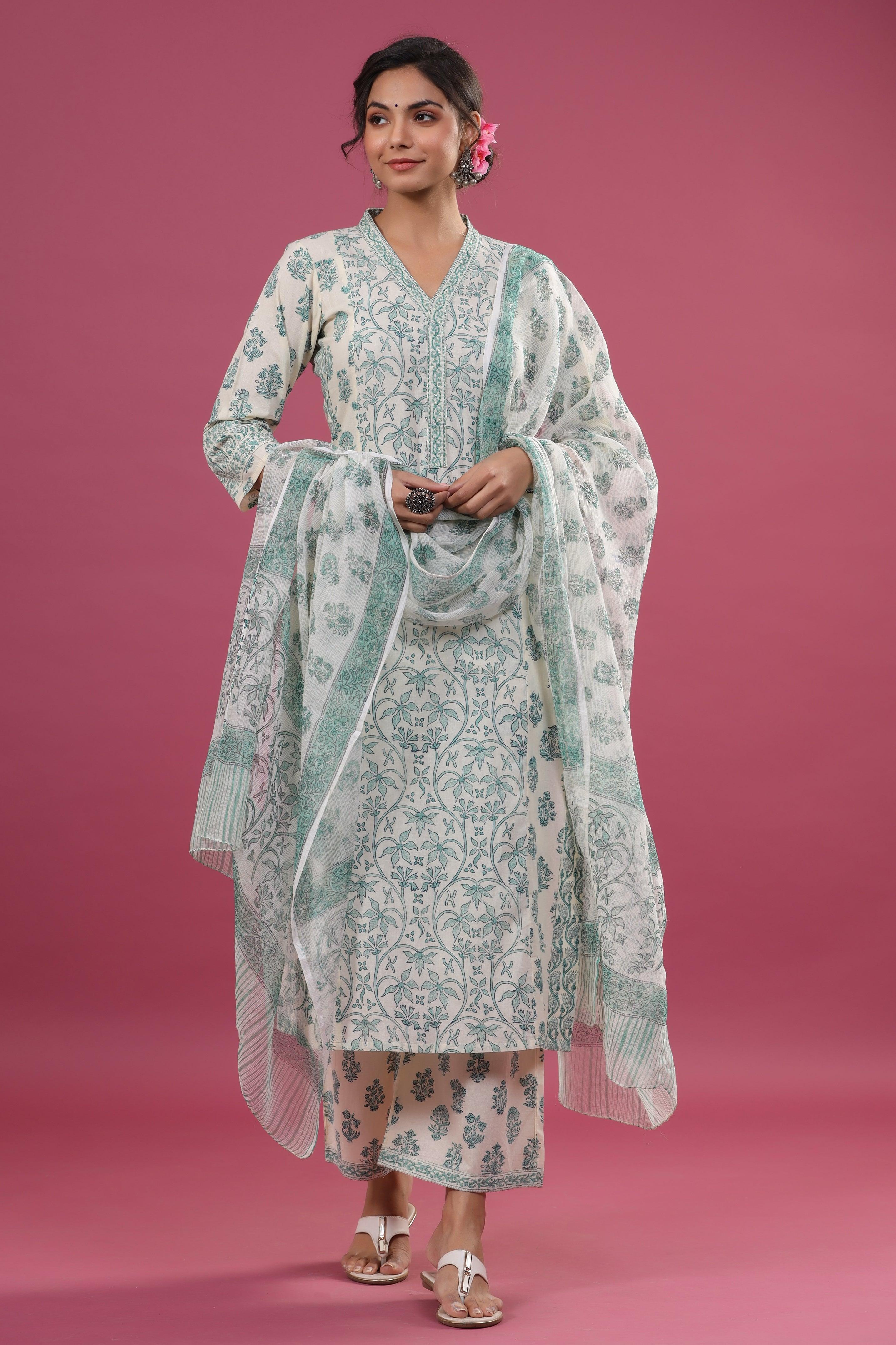 Ava White Green Buti Suit Set - Shilpi Handicrafts