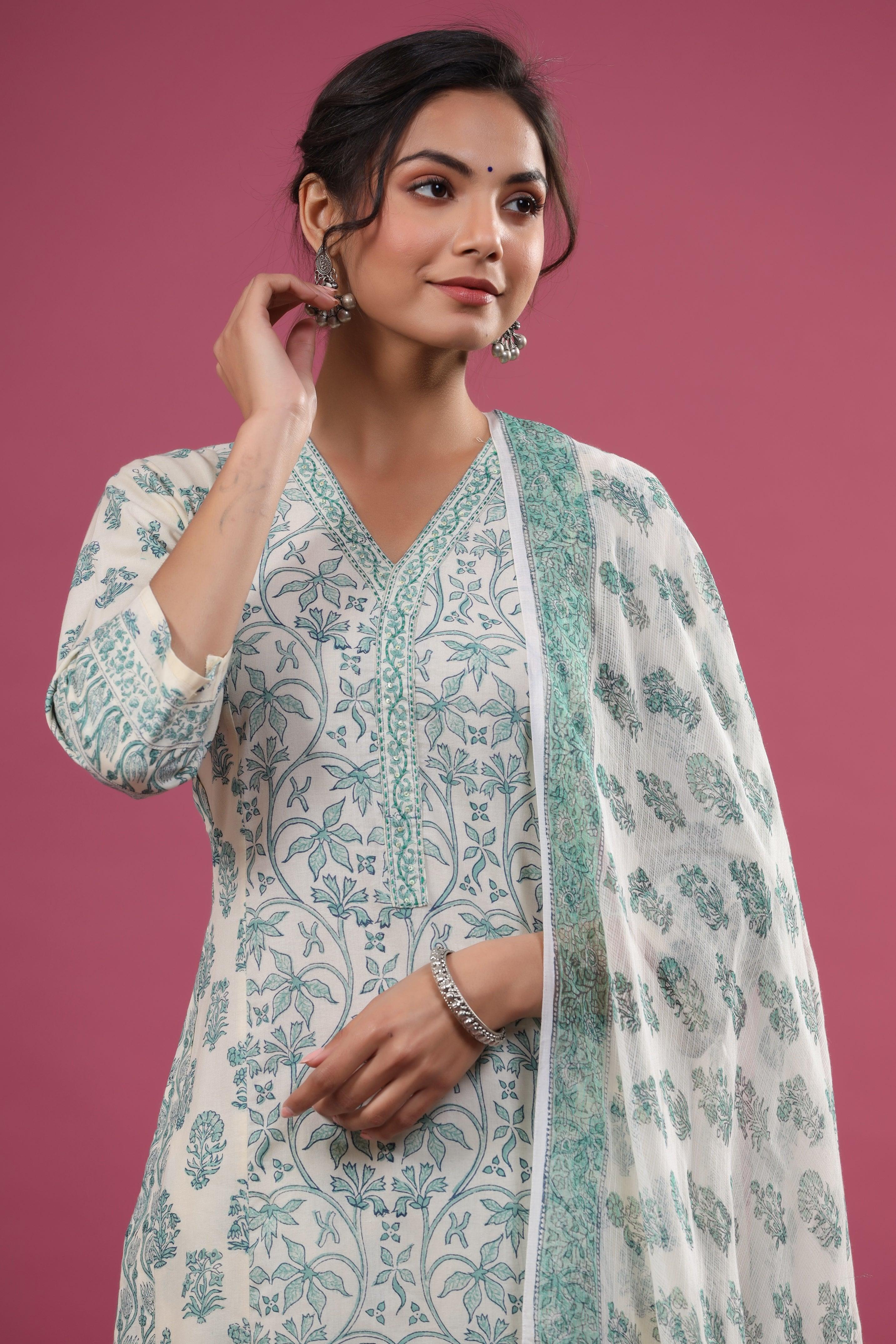 Ava White Green Buti Suit Set - Shilpi Handicrafts